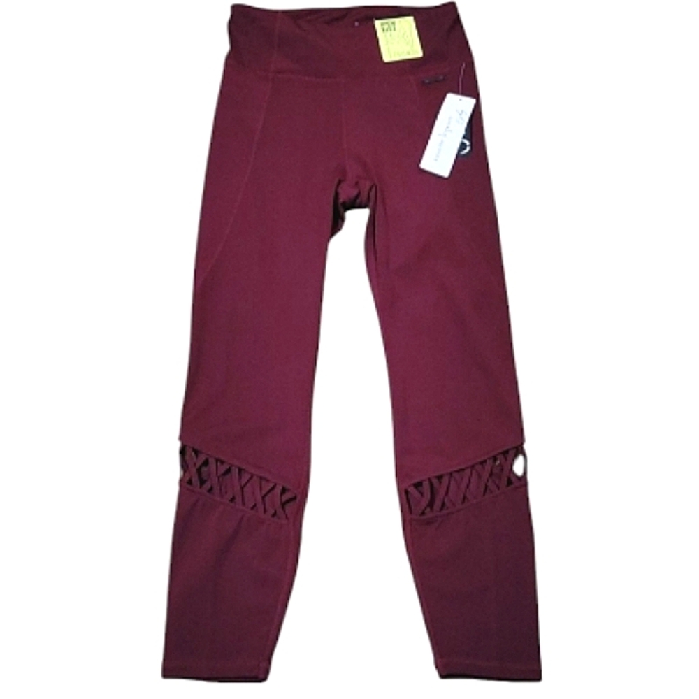 Nannette Lepore Compression Leggings Burgundy High Rise Cutouts Waist Pocket SP